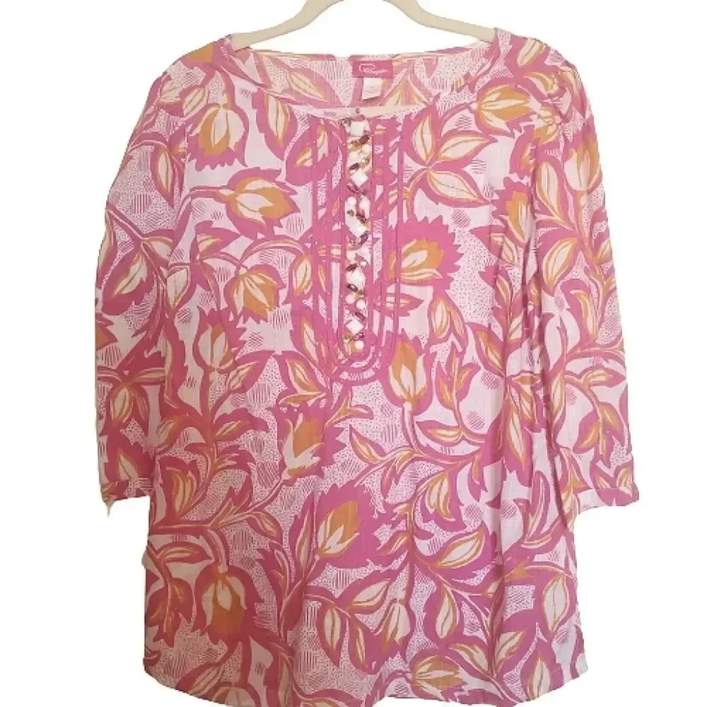 Pappagallo pink and orange floral beachy print 3/4 sleeve blouse Size Small